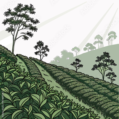 A serene landscape depicts rolling green hills lush tea plantations and stylized trees basking in the soft glow of sunlight high quality
