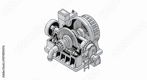 Isometric Technical Illustration of an Industrial Turbine Engine on White Background