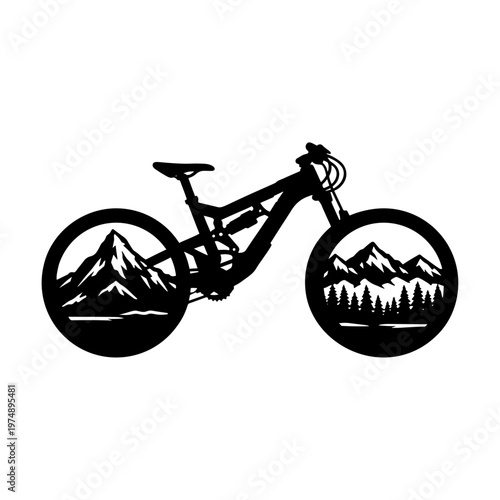 Mountain Bike Silhouette Vector with Nature Landscape Wheels, MTB Adventure Illustration