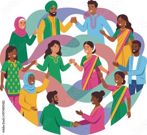 Diverse South Asian Community Celebrating Unity and Culture, Featuring People in Traditional Clothing Like Saree, Salwar Kameez, and Turban