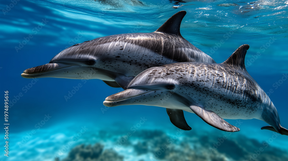 Fototapeta premium Underwater view of Atlantic spotted dolphin mother and calf swimming in synchronized motion, clear ocean water revealing social bond, marine mammal family dynamics in natural habit