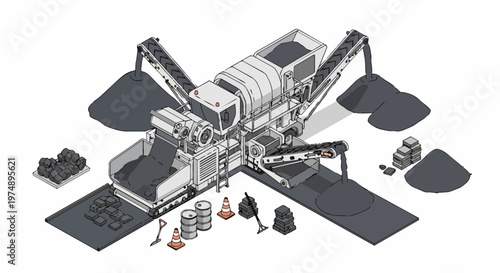 Isometric Illustration of Industrial Mobile Crushing and Screening Plant for Mining and Construction Material Processing