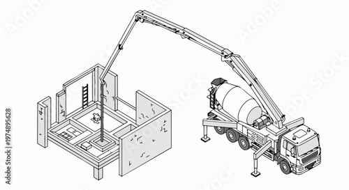 Isometric Line Art Illustration of a Concrete Pump Truck Pouring Liquid Cement into a Building Foundation, Industrial Construction Process