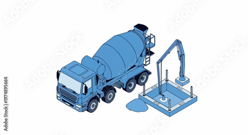 Wallpaper Mural Isometric Blue Concrete Mixer Truck and Cement Pump Pouring Foundation for Construction Project Vector Illustration Torontodigital.ca