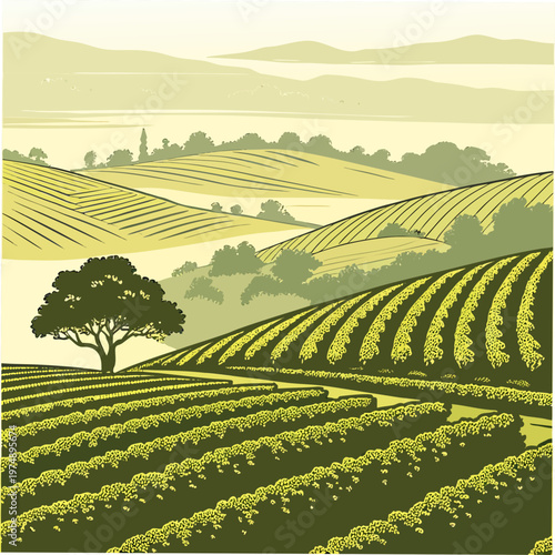 A serene landscape illustration depicts rolling green hills cultivated fields and a tranquil body of water under a pale sky high quality