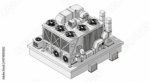 Isometric 3D Line Art Illustration of a Large Industrial HVAC System and Rooftop Cooling Unit for Commercial Building Ventilation and Climate Control