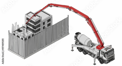 Wallpaper Mural Isometric Illustration of a Concrete Pump Truck Pouring Cement at a Building Construction Site Torontodigital.ca