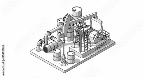 Isometric Line Art Illustration of an Oil Pump Jack with Industrial Barrels and Piping System
