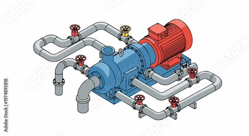 Wallpaper Mural Industrial Water Pump and Electric Motor System with Pipeline and Valves, Isometric 2D Illustration on White Background Torontodigital.ca