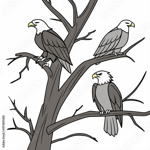 A digital illustration depicts three bald eagles perched on the bare branches of a tree showcasing their majestic presence high quality professional
