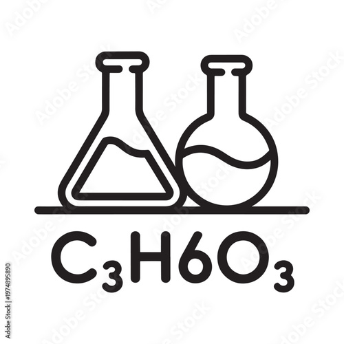 Two laboratory flasks with a chemical formula displayed below them