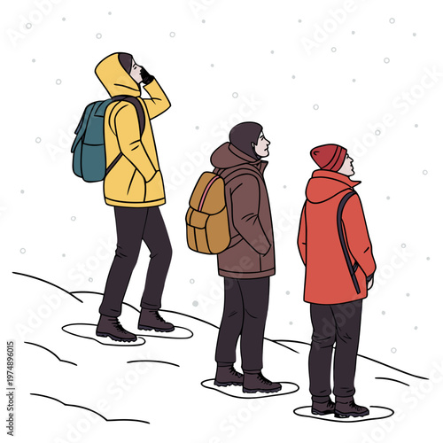 A group of three people bundled in winter clothing are walking through a snowy landscape on snowshoes high quality professional detailed modern