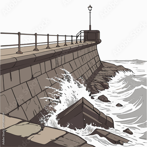 A detailed illustration depicts a stone pier extending into a turbulent sea with waves crashing against its base high quality professional modern