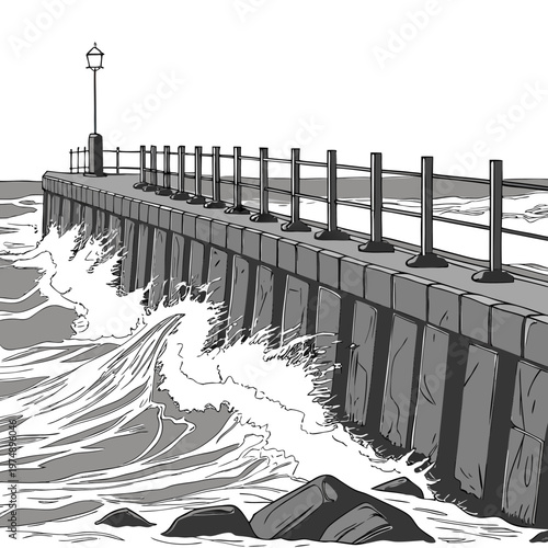 A detailed illustration depicts a stone pier extending into the ocean with crashing waves and a lone lamppost high quality professional modern