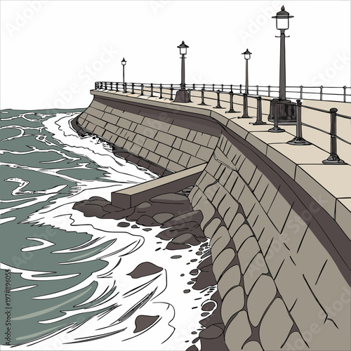 A stylized illustration depicts a stone seawall bordering a turbulent ocean lined with vintage lampposts along a promenade high quality professional detailed