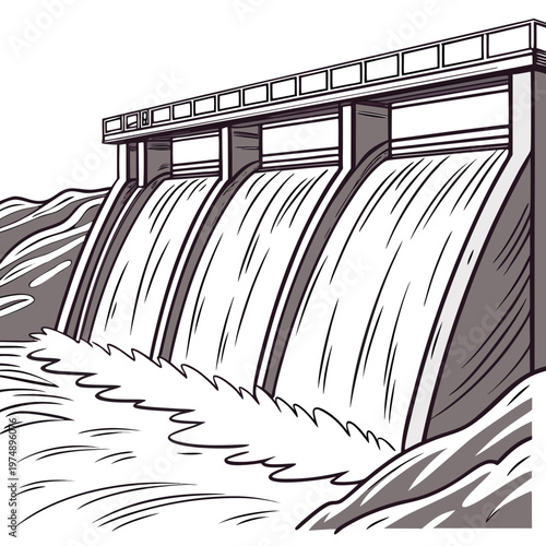 A detailed line drawing showcases a massive concrete dam structure with open spillways releasing water into a flowing river below high quality