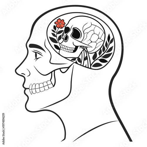 A striking black and white illustration depicts a human head in profile revealing a skull intertwined with floral elements within high quality