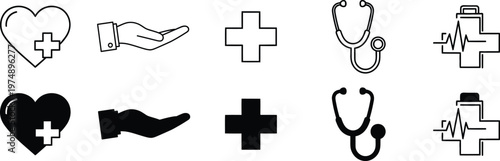 Medical Healthcare Icon Set for Heart Care, Hospital and Life Insurance