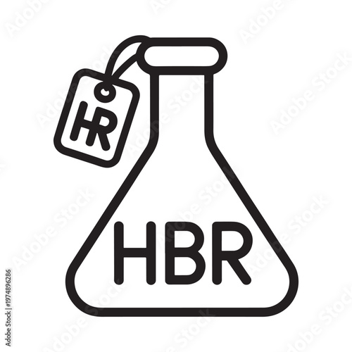 A black and white illustration of a flask with a tag labeled hr