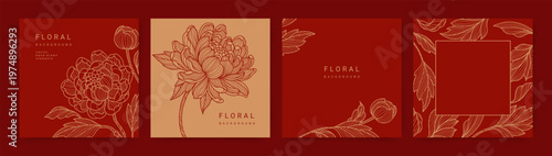 Elegant luxury red background with hand drawn flower pattern. Floral frame. Vector templates for wedding invitation, greeting card, packaging, branding, design, social media post 	