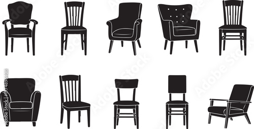 Collection of various black chair silhouettes on white background