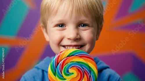 Little Boy Reveal Smile Behind Giant Rainbow Lollipop Close Up