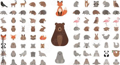 Cute Animal Characters Vector Illustration Set Featuring Bear, Fox, Rabbit, Owl, Flamingo, Seal, and Many Small Wildlife Animals in Flat Cartoon Style.