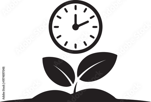 Clock icon over growing plant sprout in soil representing time for growth and nature cycles minimalist black silhouette vector illustration