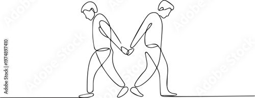Continuous line drawing of two men holding hands while walking away, symbolizing relationship issues, breakup, or separation
