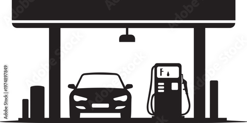 Front view of car at gas station pump under canopy, refilling fuel, providing energy and power for vehicle transportation