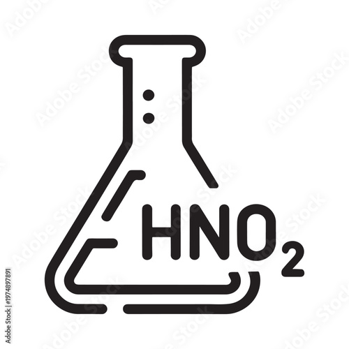 Simple line drawing of a chemical flask containing hno2 formula