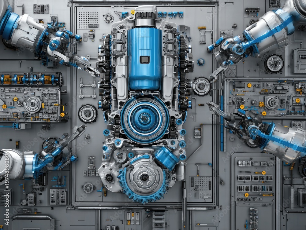 Fototapeta premium Robotic arms meticulously assembling a complex mechanical engine
