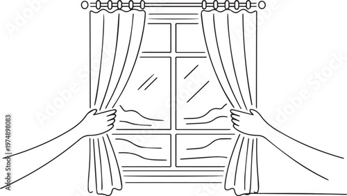 Hands opening curtains to reveal window with outdoor scene, a black and white line art illustration