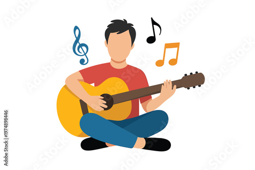 A faceless man sits cross legged passionately playing a vibrant yellow acoustic guitar with musical notes