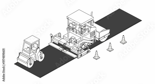 Isometric Line Art Illustration of Road Construction with Asphalt Paver and Road Roller