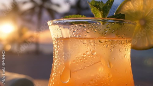 Refreshing Tropical Drink Close-up at Sunset with Palm Trees and Ocean View