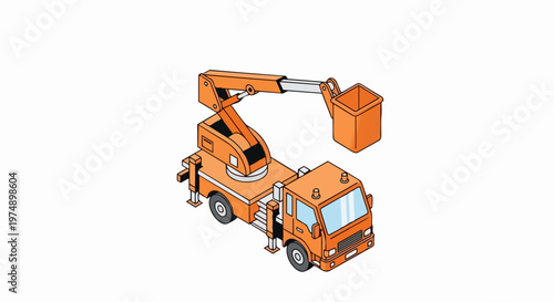 Orange Isometric Cherry Picker Truck Vector Illustration, Aerial Work Platform Bucket Truck for Construction, Utility, and Maintenance Services