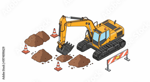 Isometric Yellow Excavator Digging Dirt with Construction Cones and Barrier Isolated on White Background