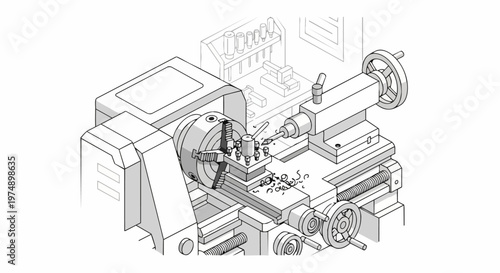 Isometric Line Art Illustration of an Industrial Metal Lathe Machine in a Workshop
