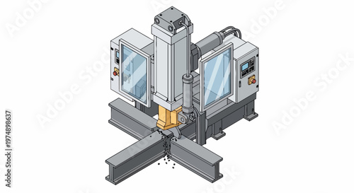 Isometric Industrial CNC Machine Processing Steel I-Beam Illustration - Vector Heavy Machinery for Manufacturing and Engineering