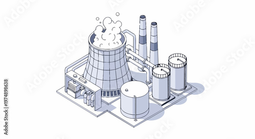 Isometric Industrial Factory and Power Plant Vector Illustration with Cooling Tower, Smokestacks, and Storage Tanks on White Background