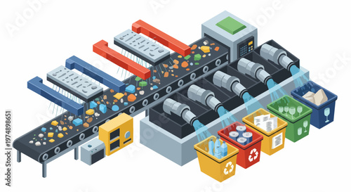 Automated Waste Sorting Plant Isometric Illustration showing Recycling Process with Conveyor Belt and Segregated Bins for Plastic, Glass, Paper, and Metal