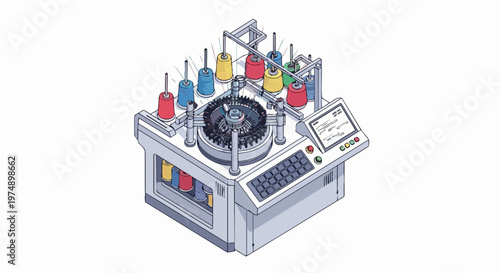 Isometric Industrial Circular Knitting Machine with Multi-Color Thread Spools, Automated Textile Manufacturing Equipment for Garment Production and Fashion Industry