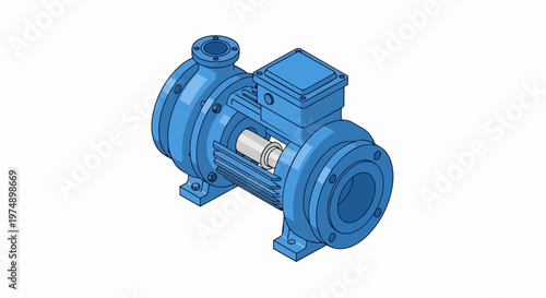 Industrial Centrifugal Water Pump Illustration, Blue Electric Motor for Liquid Transfer and Irrigation, Isometric View on White Background