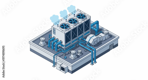 Isometric Illustration of Industrial HVAC System on Rooftop with Cooling Units and Ventilation Pipes