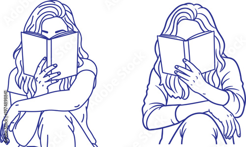 Two sketchy portraits of women reading books side by side in a minimalist blue line art style