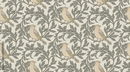 Seamless vintage floral pattern with birds, flowers and foliage in classic Arts and Crafts style. Detailed ornamental botanical design inspired by historic British textiles and traditional decorative