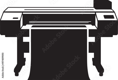 Professional wide format inkjet printer silhouette producing large banner paper roll for commercial printing industry and advertising services