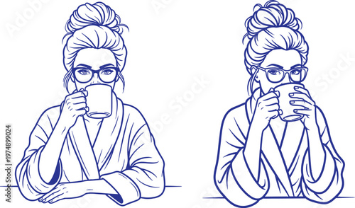 Charming blue line art depicts two women enjoying coffee exhibiting a relaxed and stylish aesthetic with matching hairstyles and eyewear