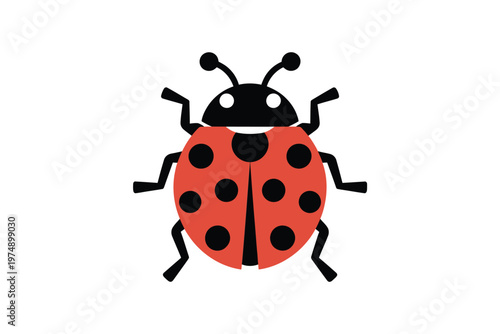 A charming simplistic illustration depicts a red ladybug with black spots and a black head